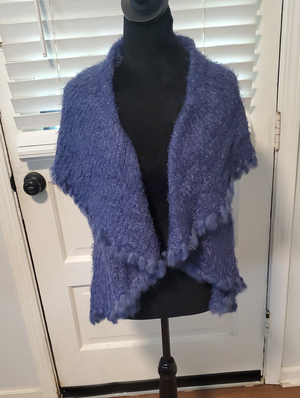 Love Token Cozy Fuzzy Open-Front Sweater Vest - Blue 100% Rabbit Fur Trim
